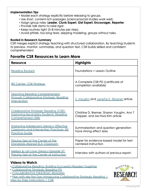 Collaborative Strategic Reading  (CSR Strategy)