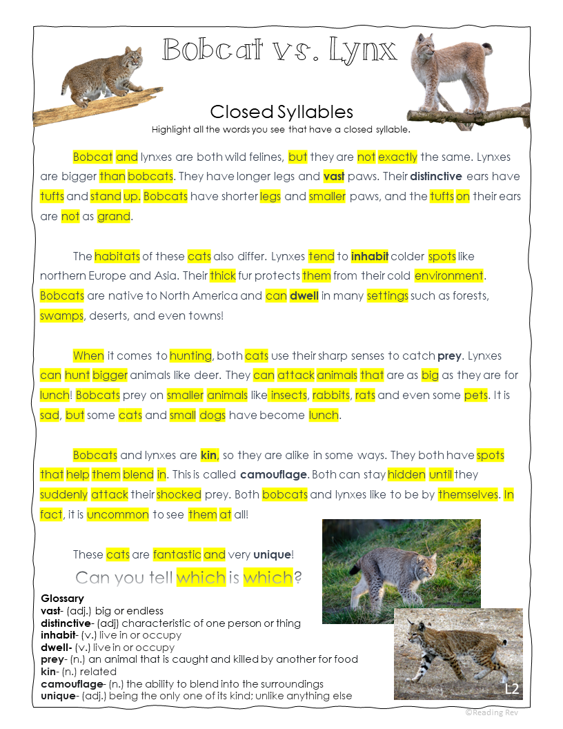 Free Sample Weekly Unit- Closed Syllables