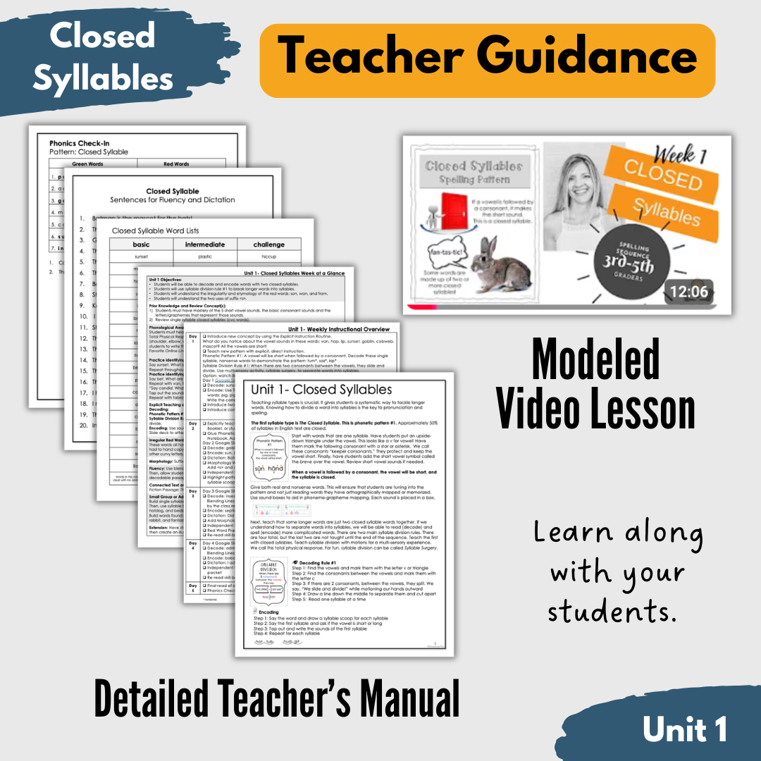 Free Sample Weekly Unit- Closed Syllables